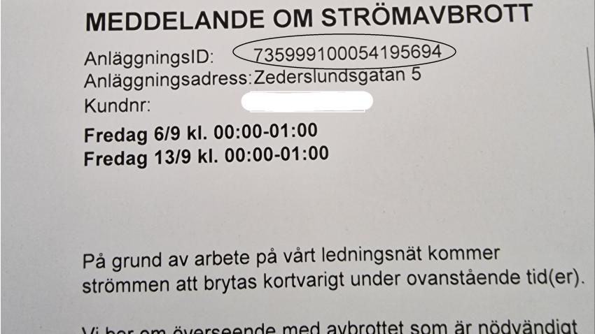 Inringat på er faktura eller medelande ser ni ert anläggnings id.
